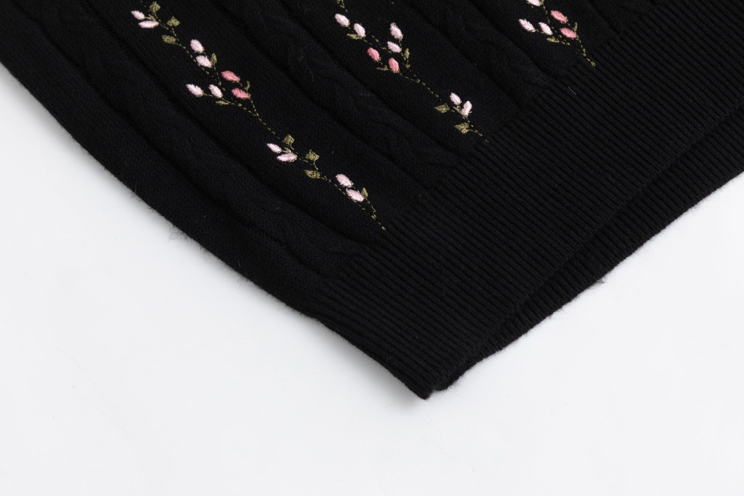 Floral Panelled Embroidered Knit Top - Black