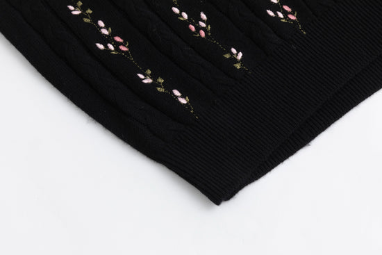 Floral Panelled Embroidered Knit Top - Black