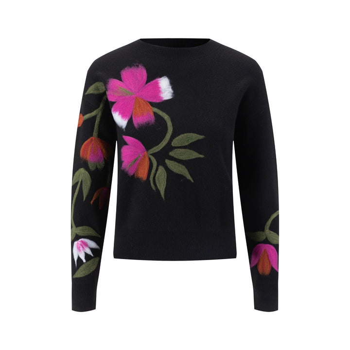 Black Knit Sweater With Pink Felt Flower