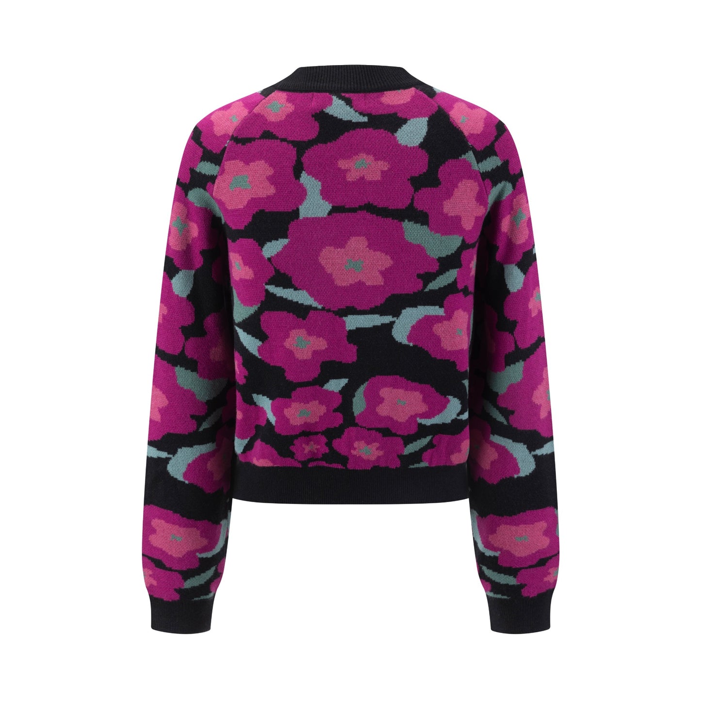 Black Knit Sweater With Pink And Green Floral Print