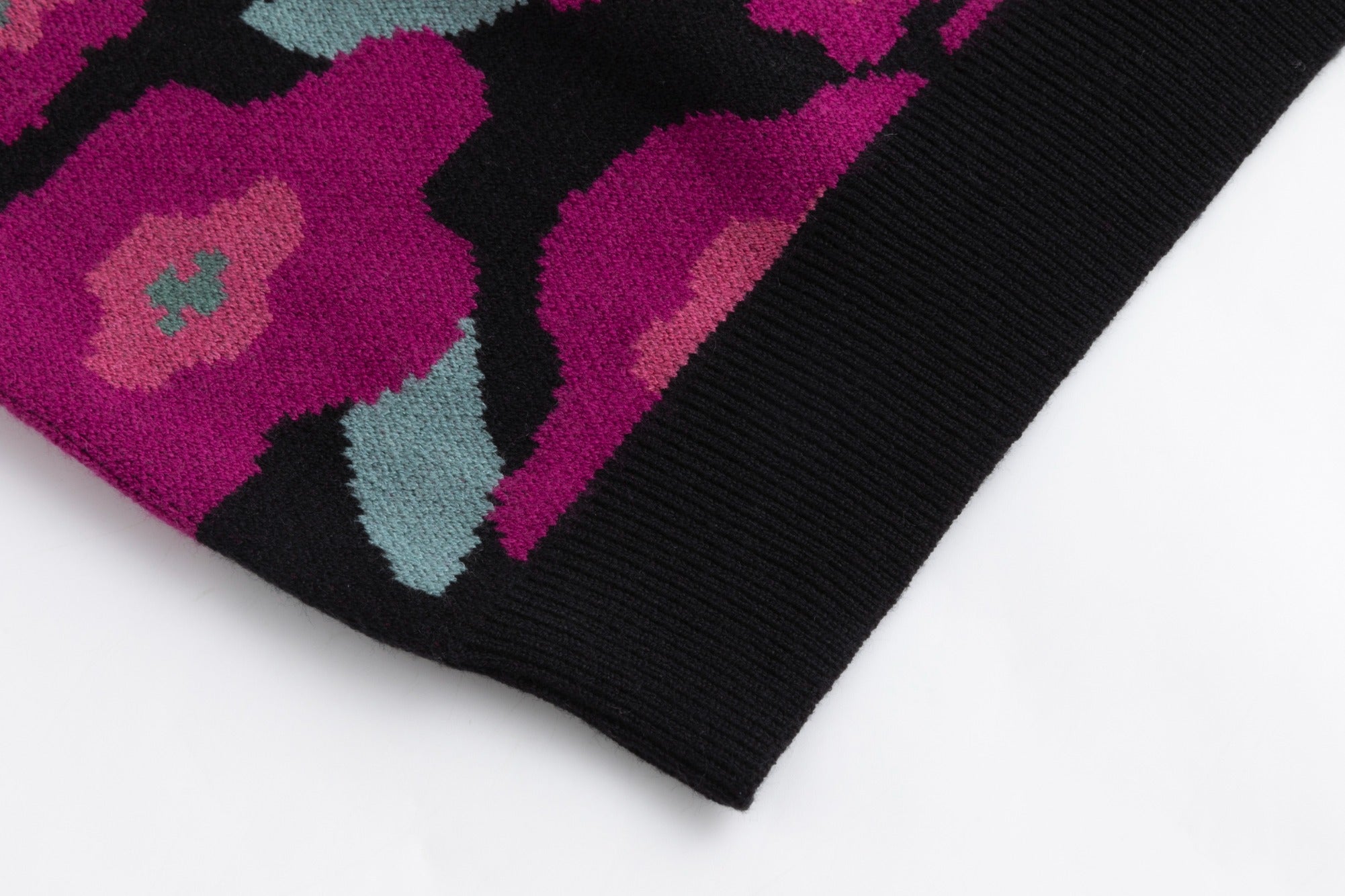 Black Knit Sweater With Pink And Green Floral Print