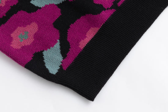 Black Knit Sweater With Pink And Green Floral Print