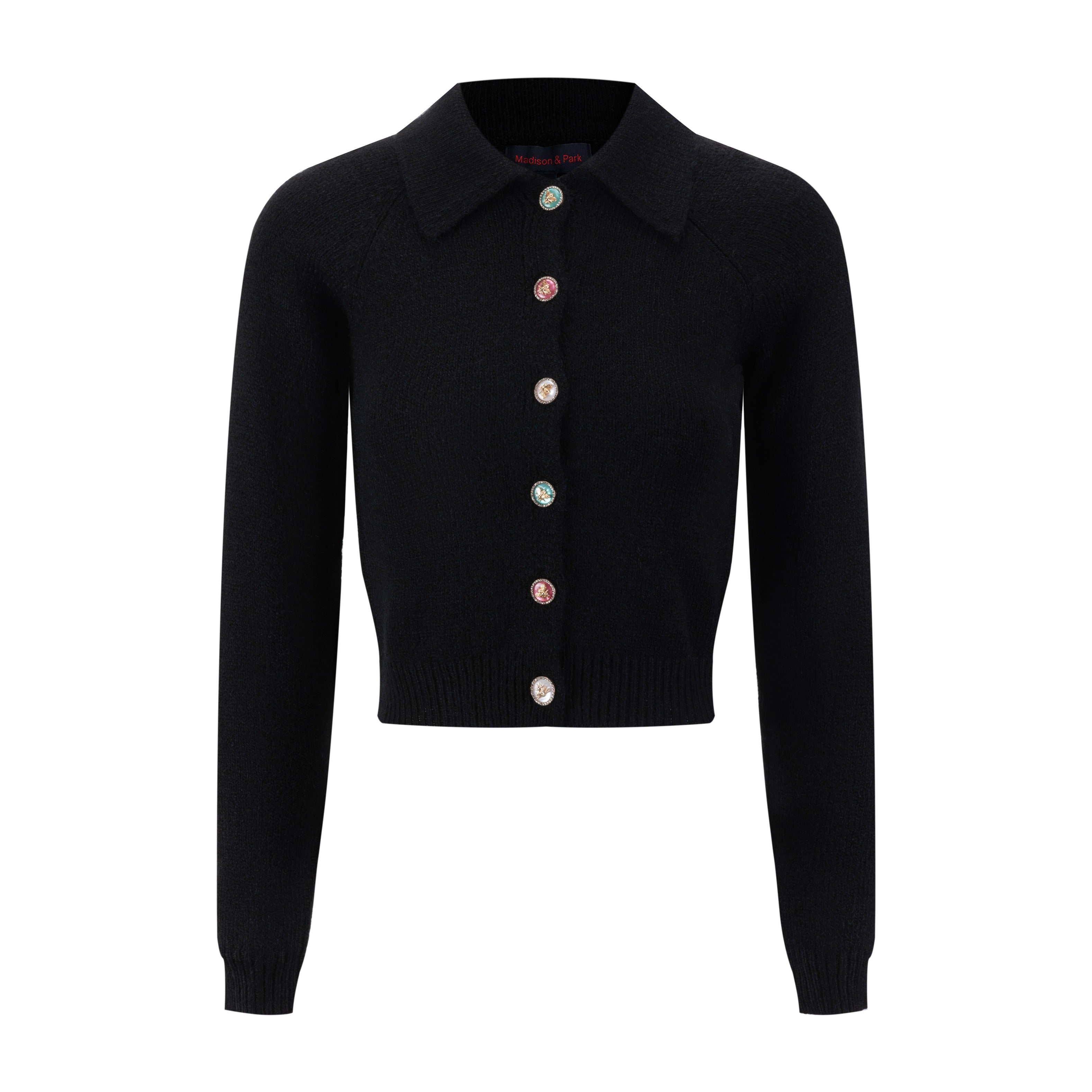 Colored Bee Button Knit Cardigan - Black