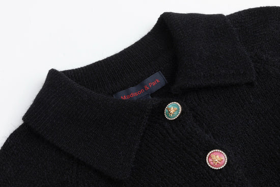 Colored Bee Button Knit Cardigan - Black