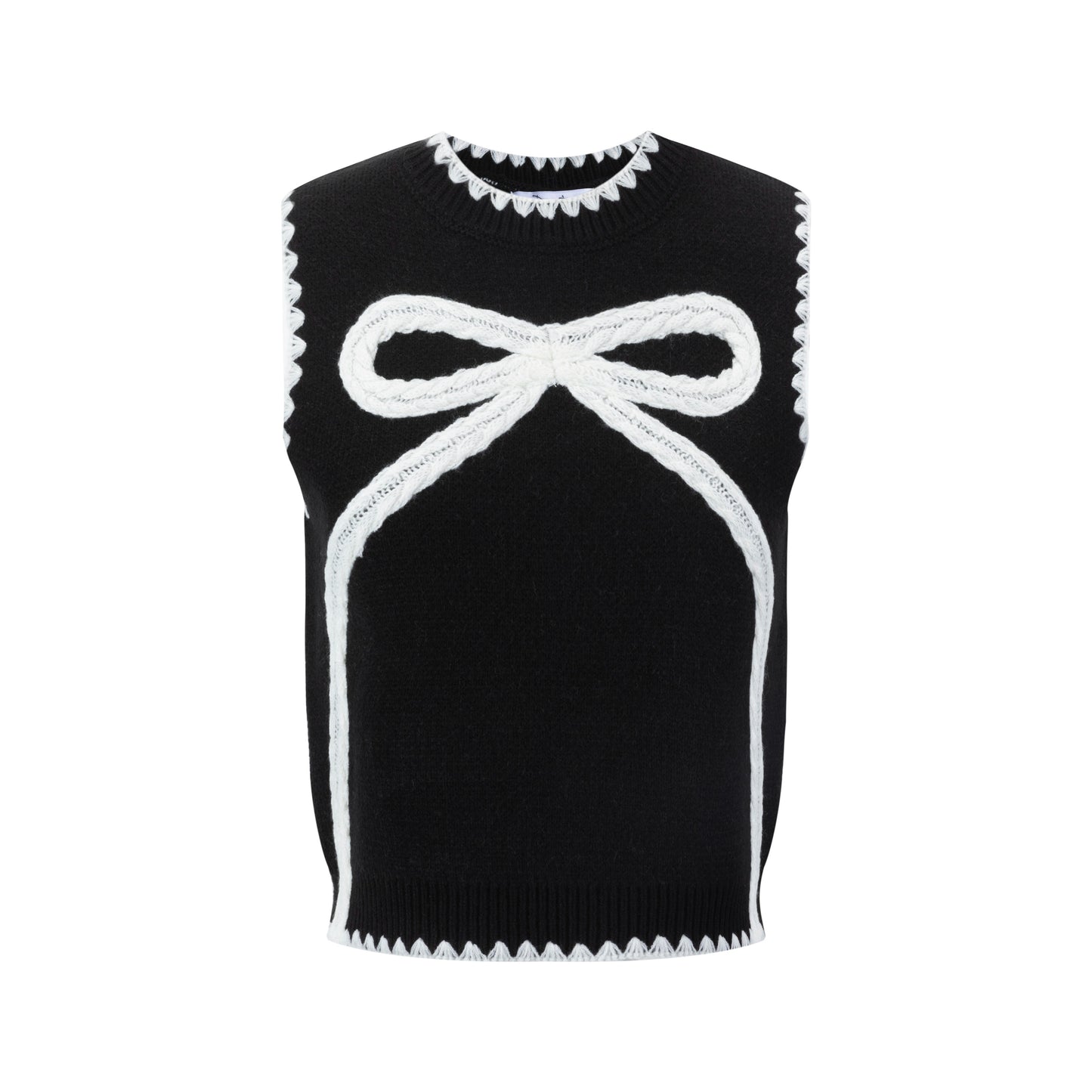Black Knit Vest With White Embroidered Bow