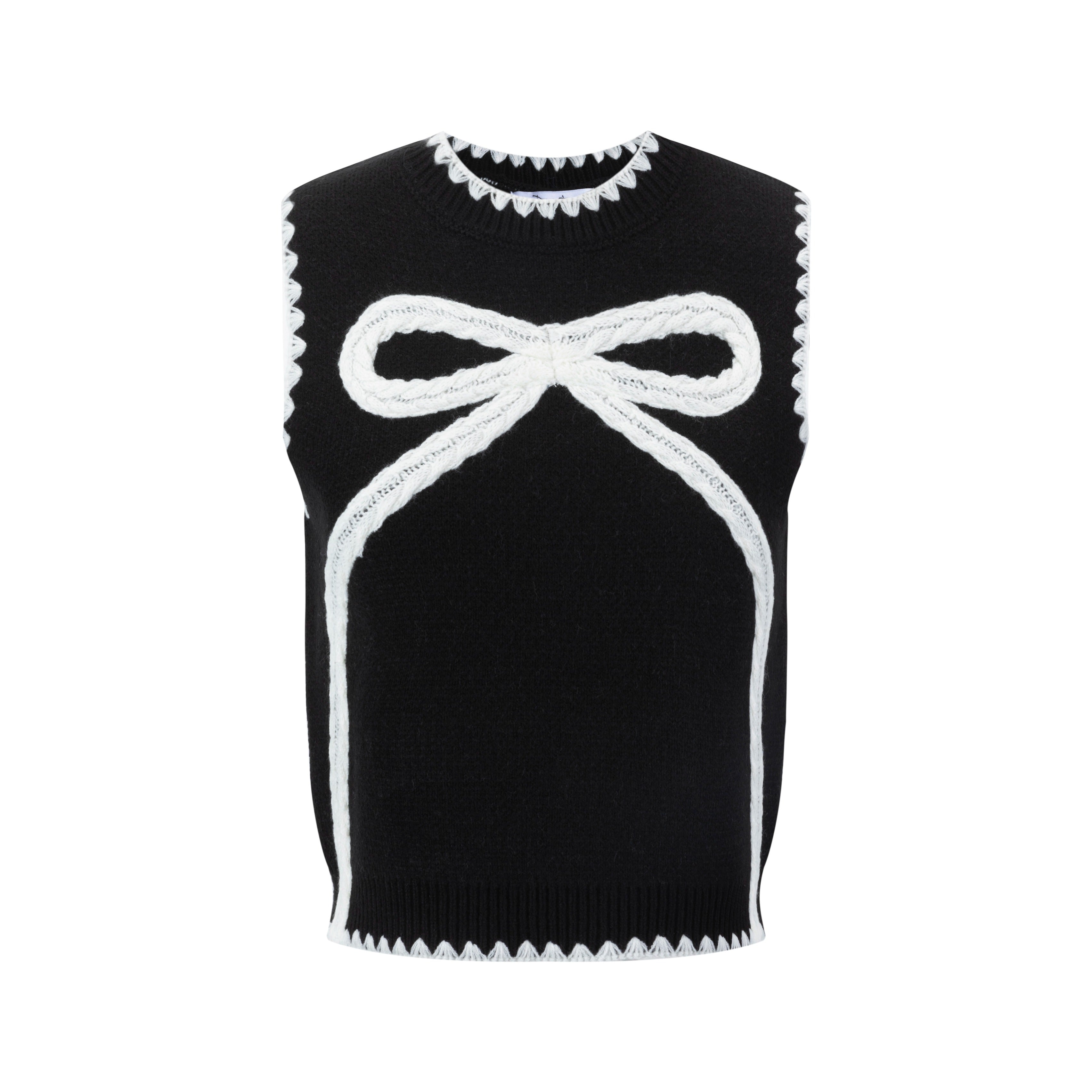 Black Knit Vest With White Embroidered Bow