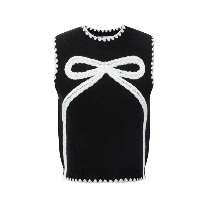 Black Knit Vest With White Embroidered Bow