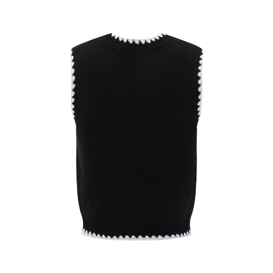 Black Knit Vest With White Embroidered Bow
