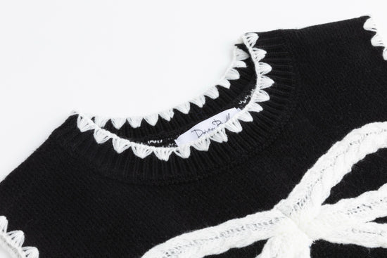 Black Knit Vest With White Embroidered Bow