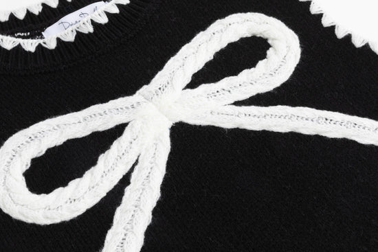 Black Knit Vest With White Embroidered Bow