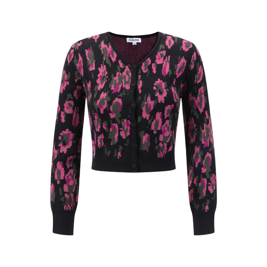 Black Knit Cardigan With Pink Print