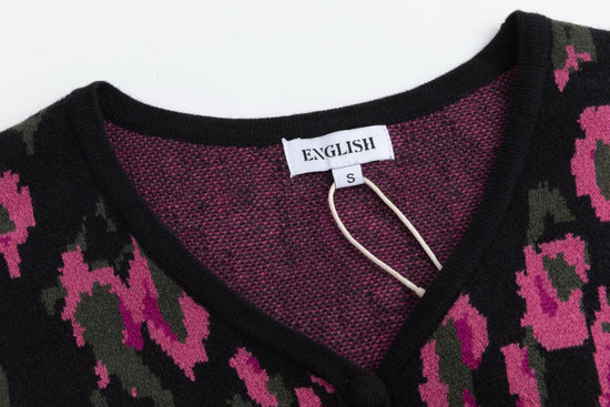 Black Knit Cardigan With Pink Print