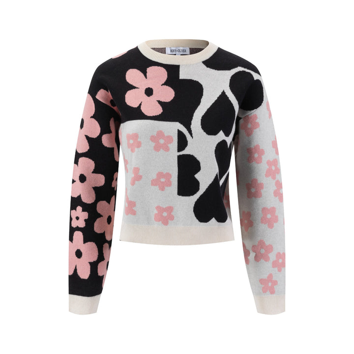 Cream Knit With Black And Pink Print
