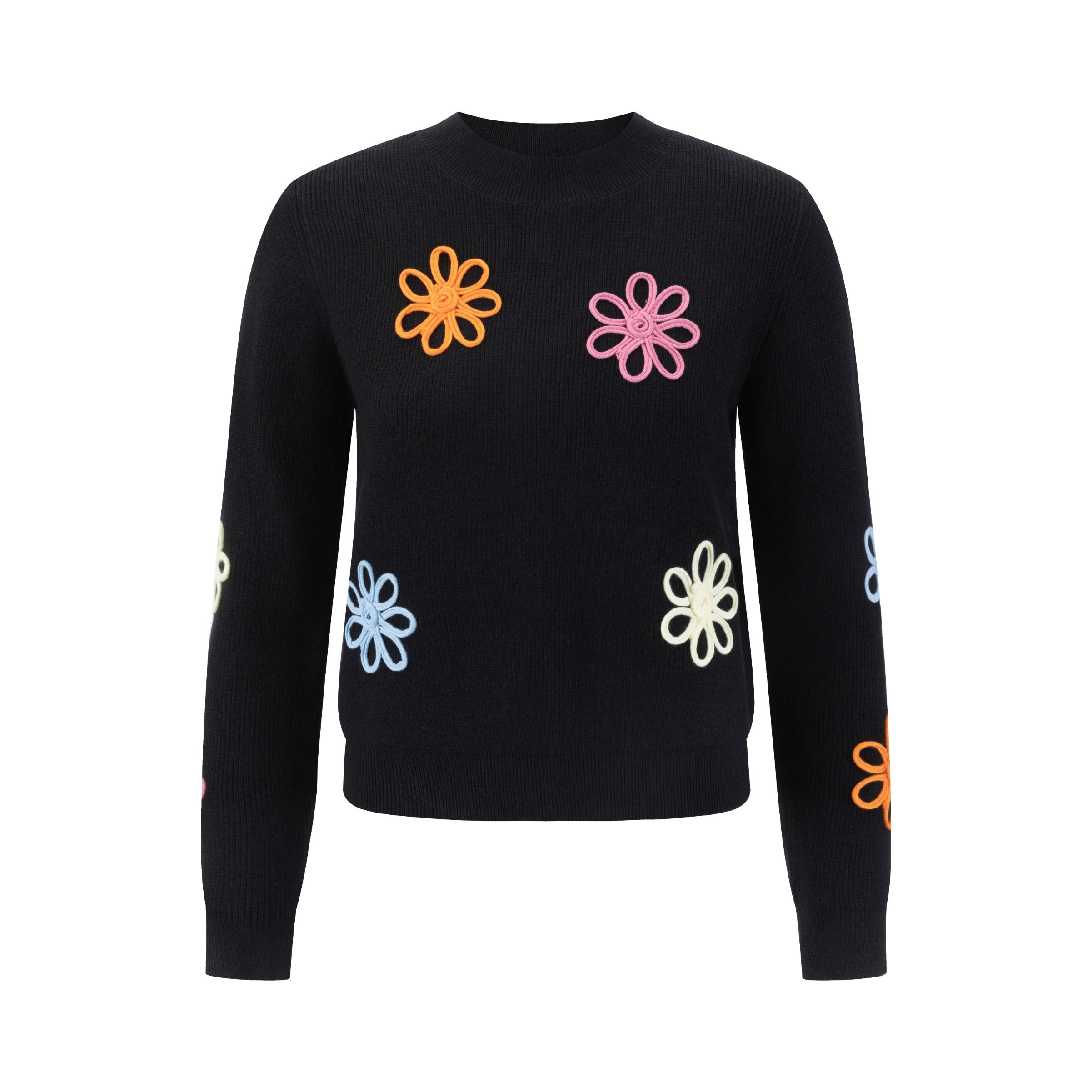 Black Mock Neck Knit Top With Multi Colored Flower Details