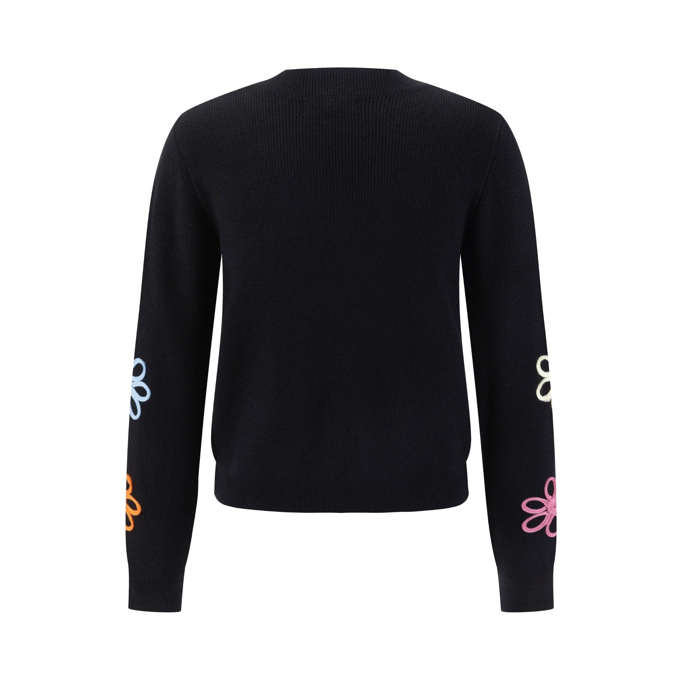 Black Mock Neck Knit Top With Multi Colored Flower Details