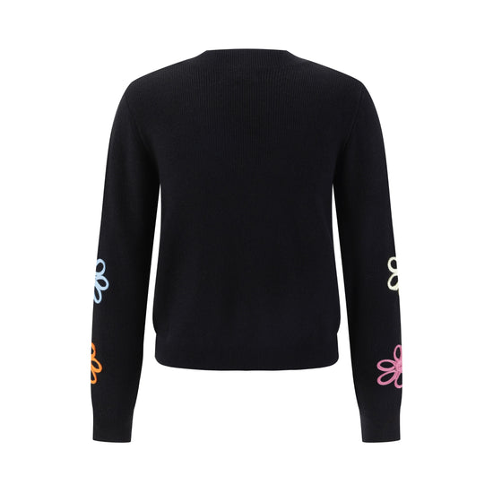 Black Mock Neck Knit Top With Multi Colored Flower Details