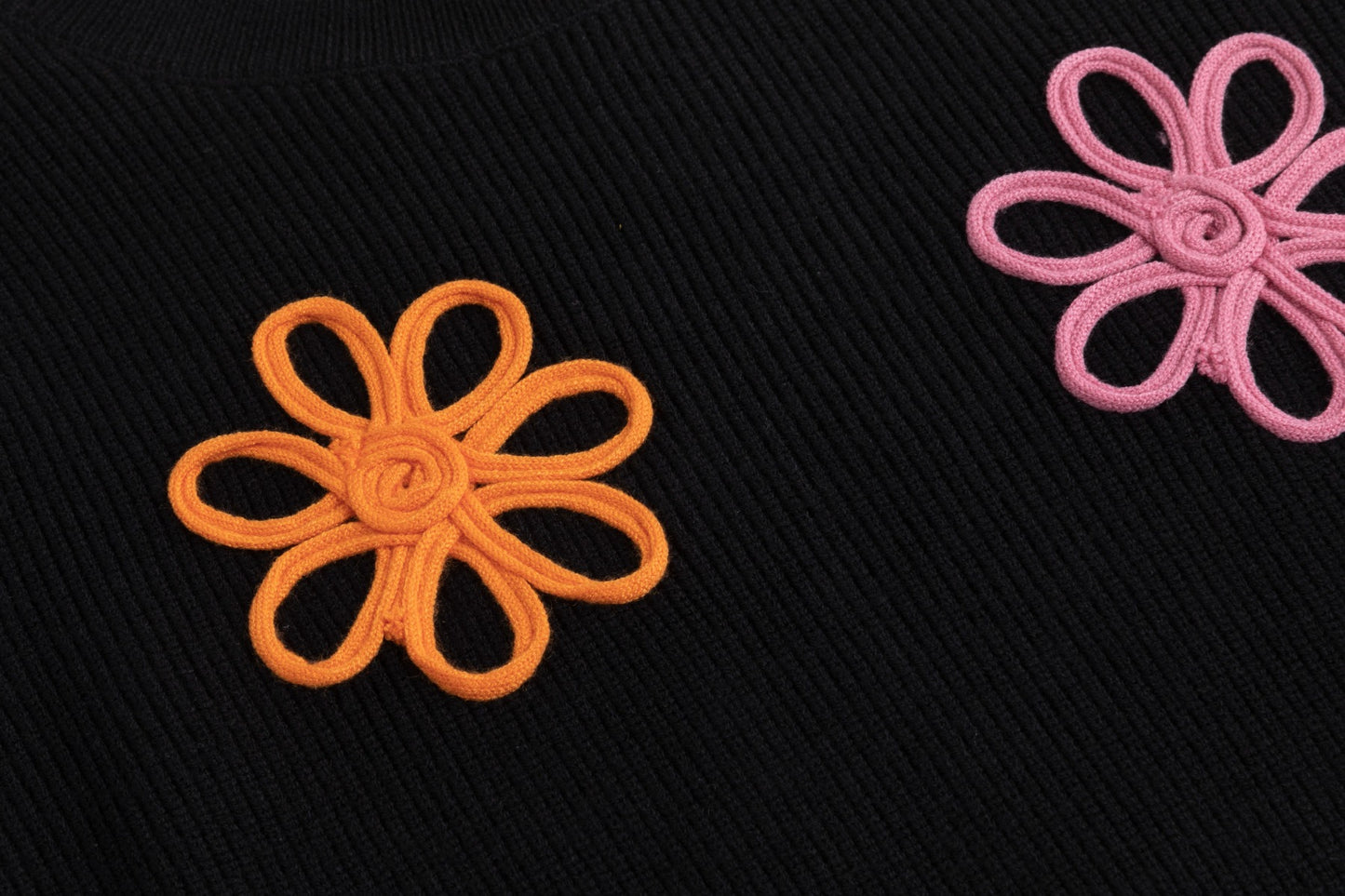 Black Mock Neck Knit Top With Multi Colored Flower Details