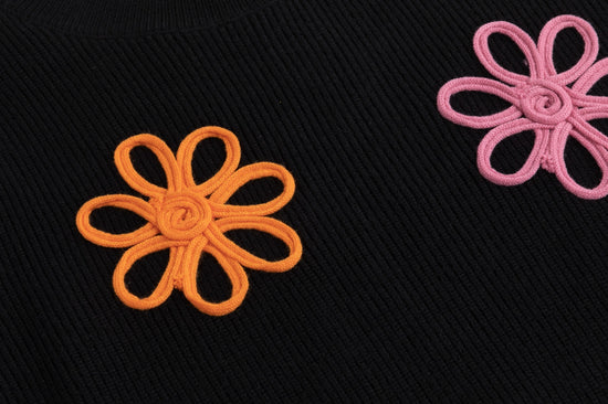 Black Mock Neck Knit Top With Multi Colored Flower Details