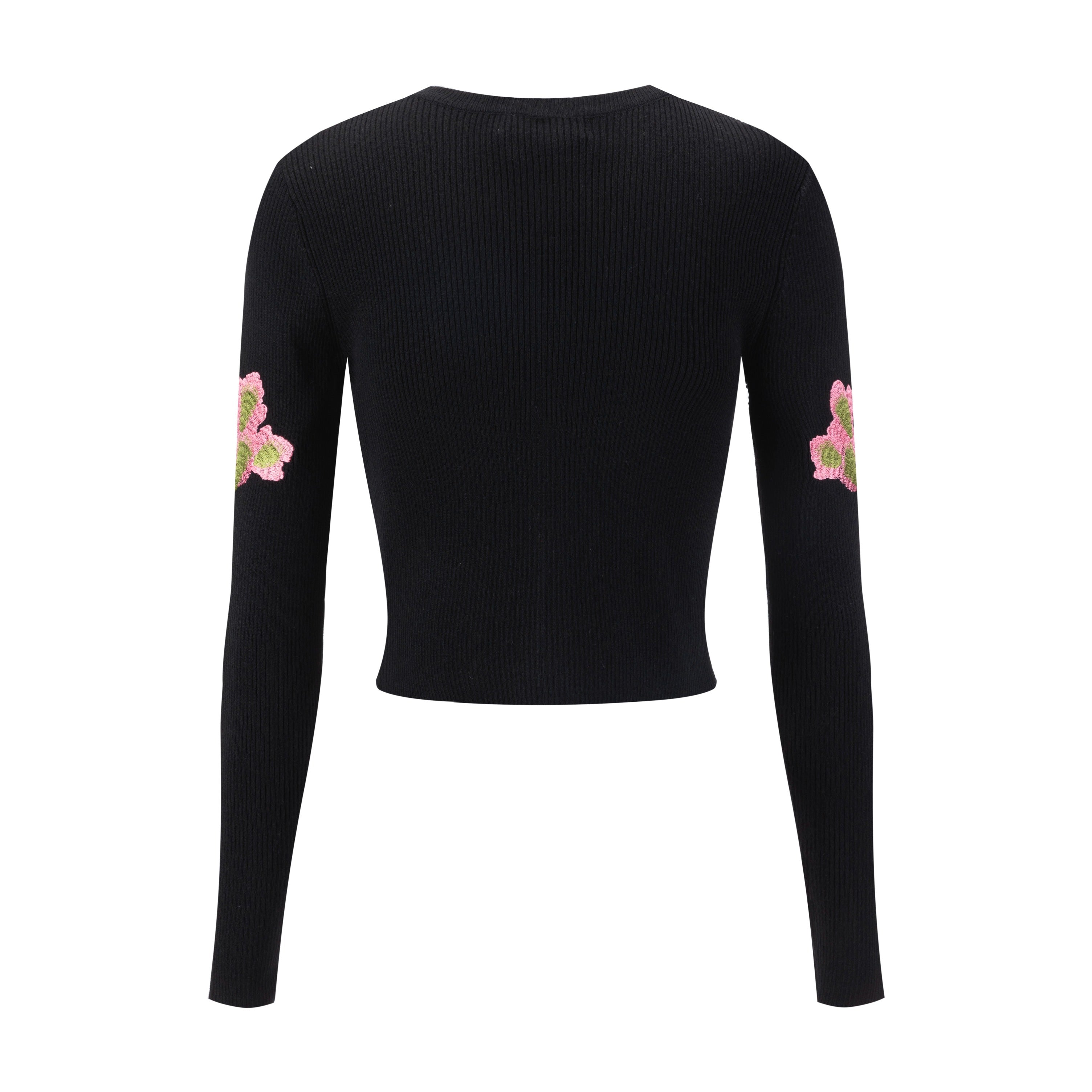 Black Ribbed Embroidered Sleeve Cardigan