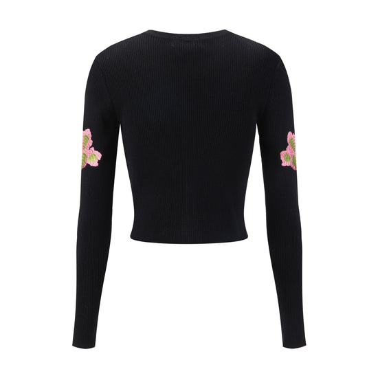 Black Ribbed Embroidered Sleeve Cardigan
