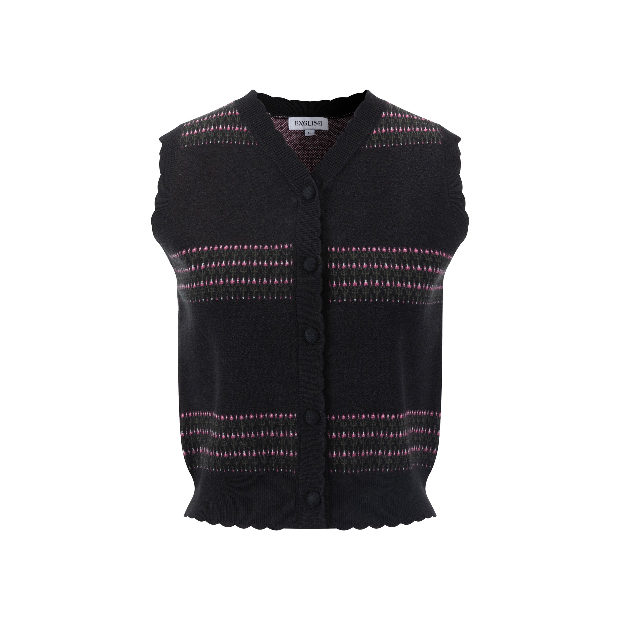 Black Knit Vest With Pink And Green Print