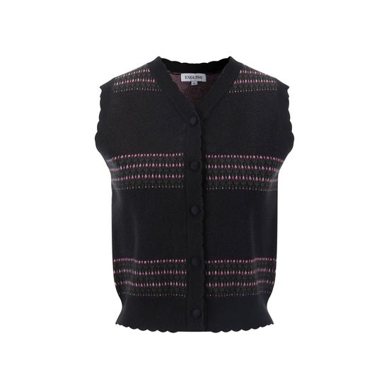 Black Knit Vest With Pink And Green Print