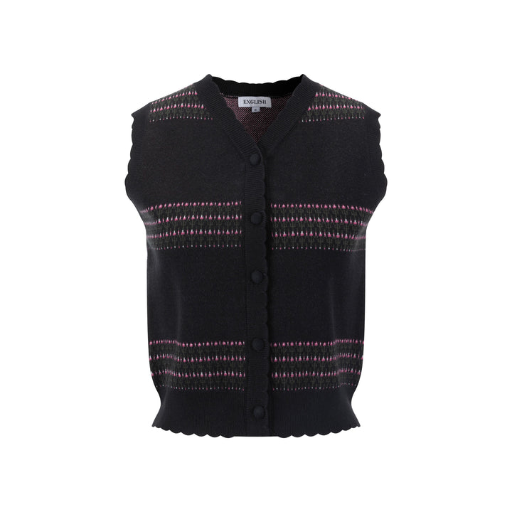 Black Knit Vest With Pink And Green Print