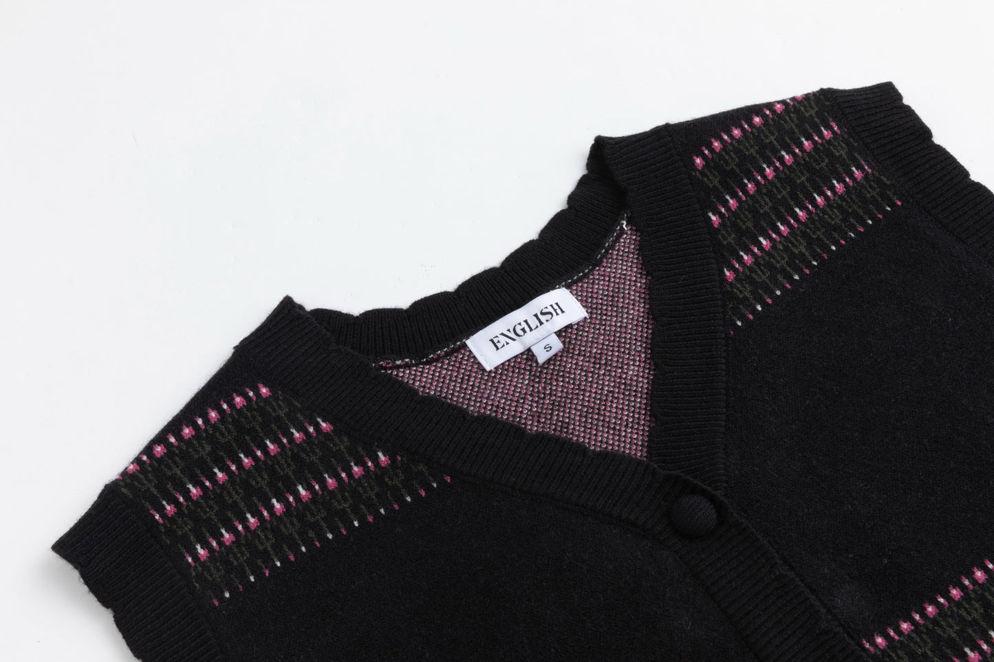 Black Knit Vest With Pink And Green Print