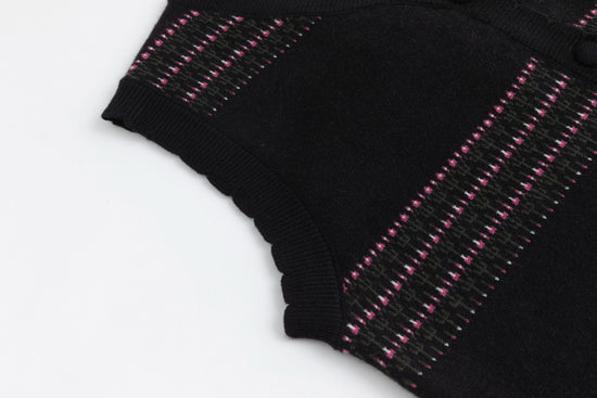 Black Knit Vest With Pink And Green Print