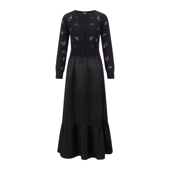 Pink Flower Embroidered Black Cardigan With Textured Satin Underlay