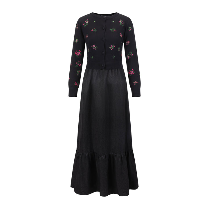 Pink Flower Embroidered Black Cardigan With Textured Satin Underlay