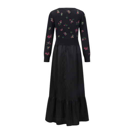 Pink Flower Embroidered Black Cardigan With Textured Satin Underlay