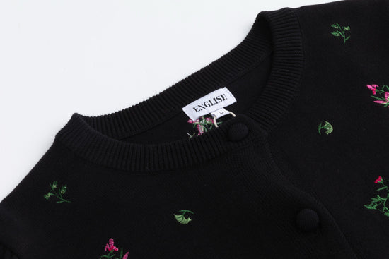 Pink Flower Embroidered Black Cardigan With Textured Satin Underlay