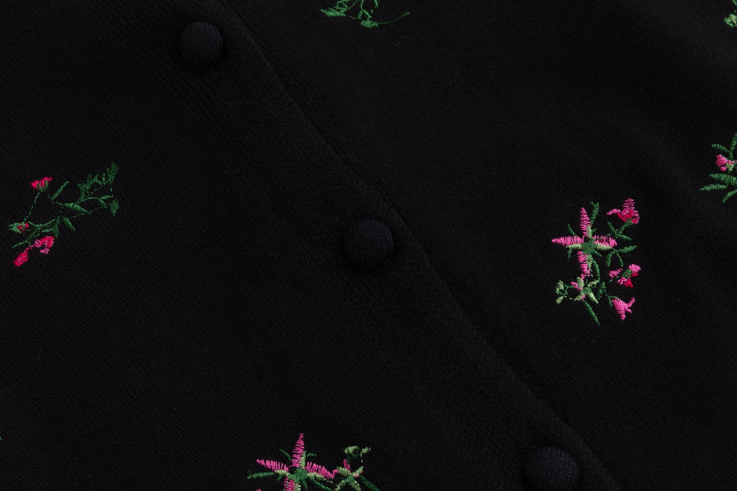 Pink Flower Embroidered Black Cardigan With Textured Satin Underlay