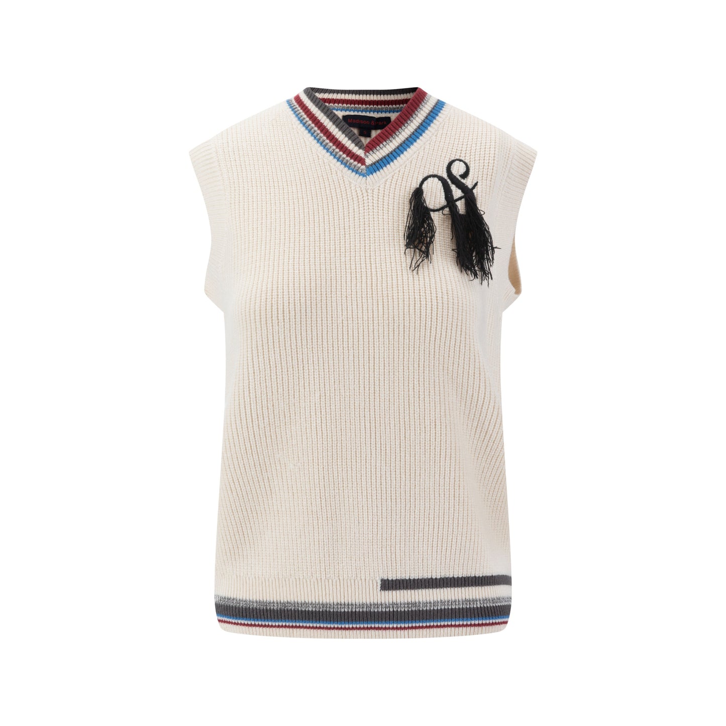 Off White Knit Vest With Colored Striped Ribbing