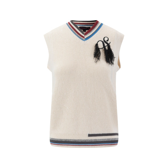 Off White Knit Vest With Colored Striped Ribbing