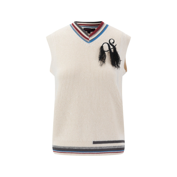 Off White Knit Vest With Colored Striped Ribbing
