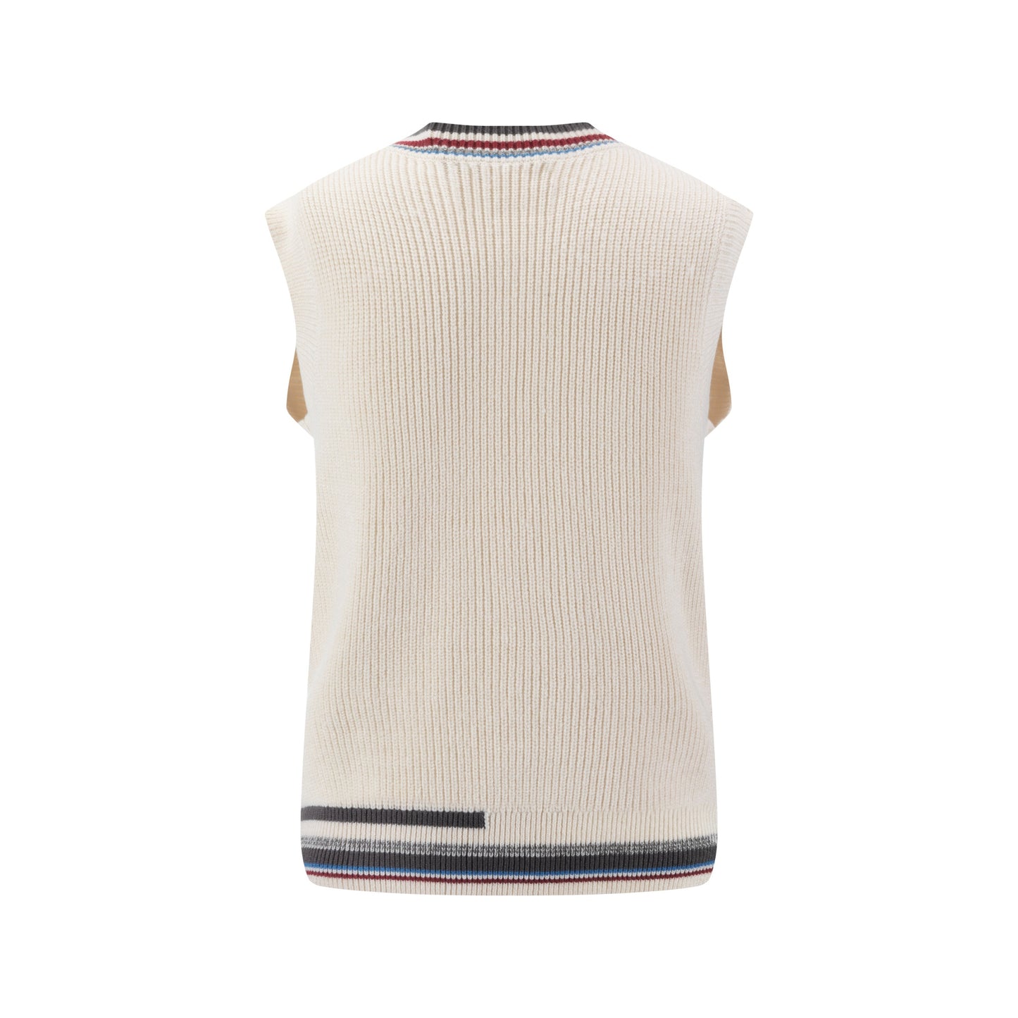 Off White Knit Vest With Colored Striped Ribbing