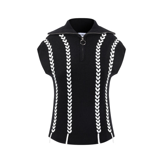 Black Knit Vest With White Braiding