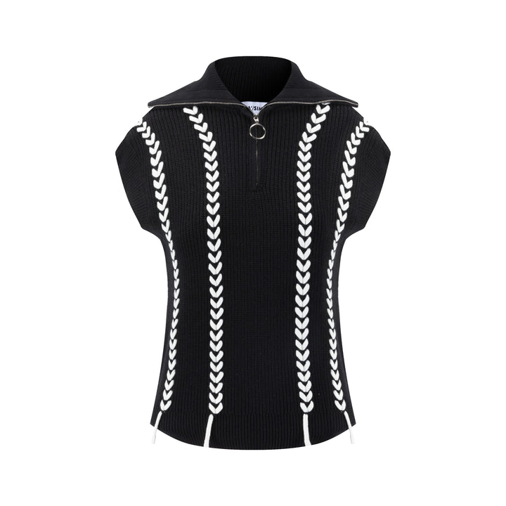 Black Knit Vest With White Braiding