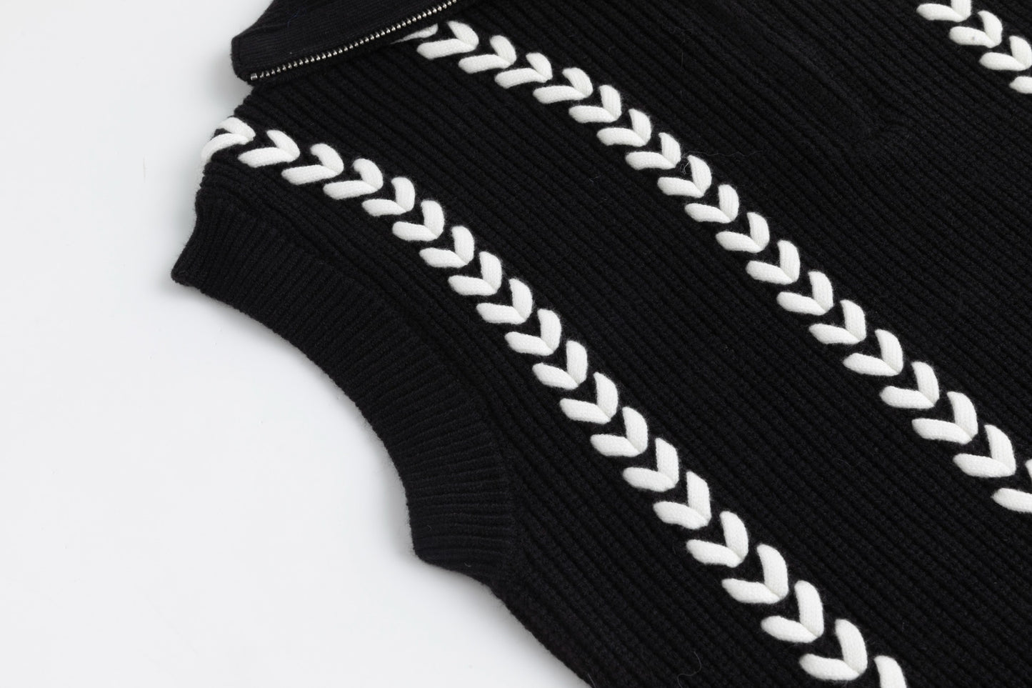 Black Knit Vest With White Braiding
