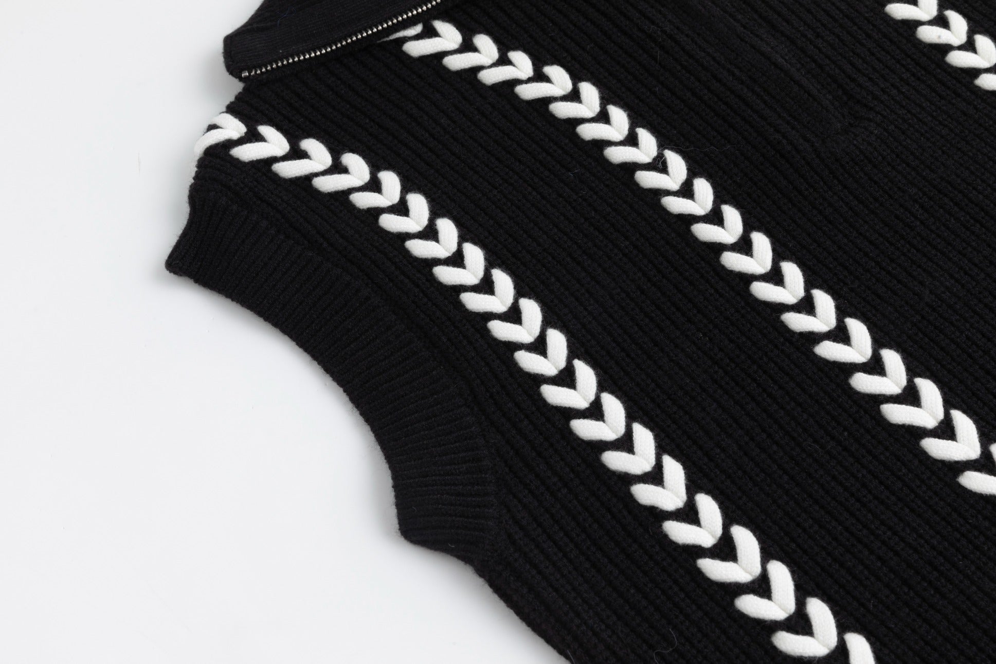 Black Knit Vest With White Braiding
