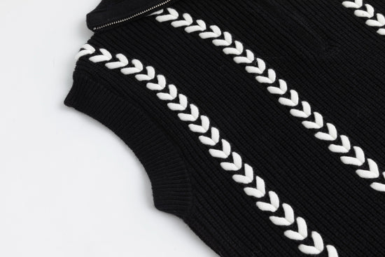 Black Knit Vest With White Braiding