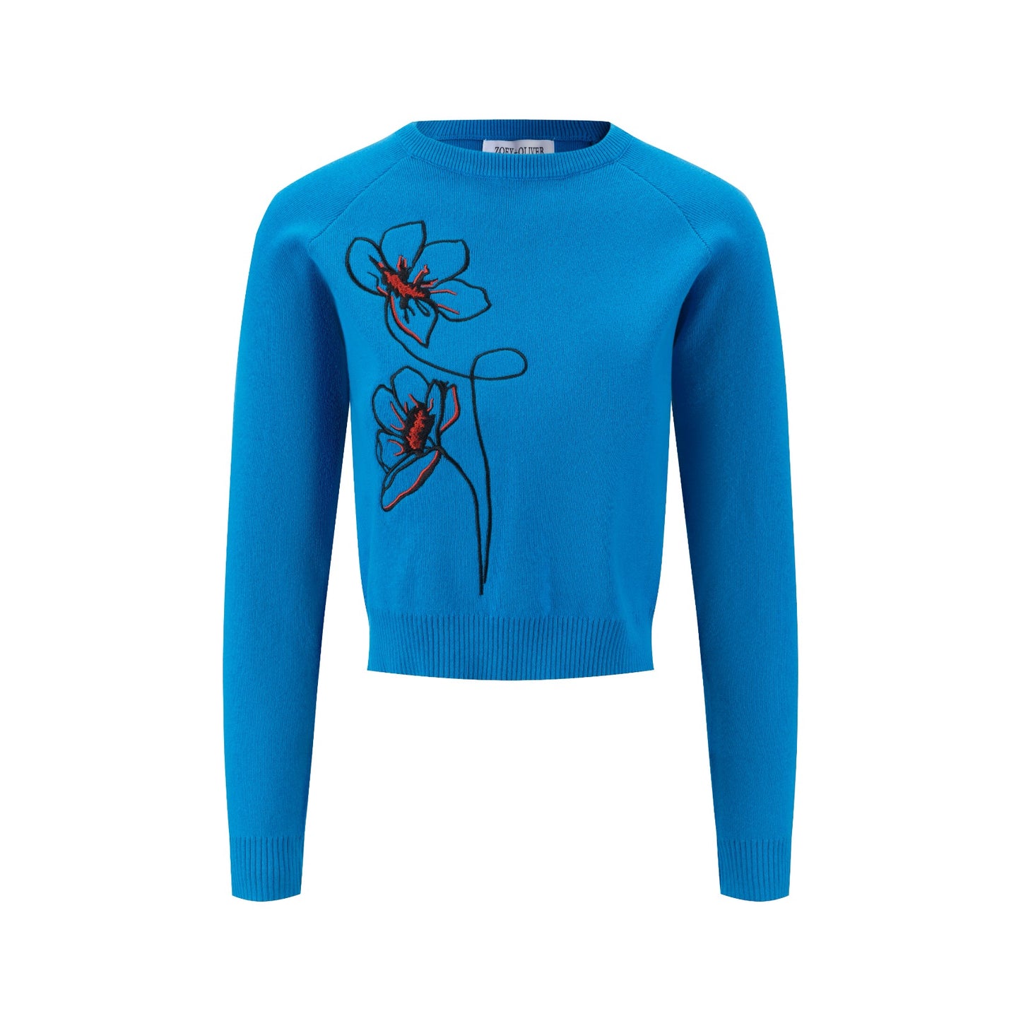 Black And Orange Flowers Embroidered Sweater - Blue