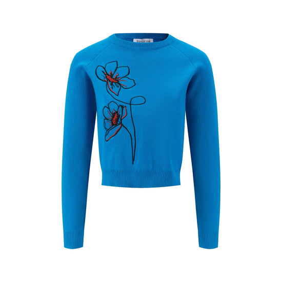 Black And Orange Flowers Embroidered Sweater - Blue