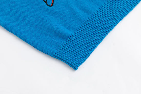 Black And Orange Flowers Embroidered Sweater - Blue