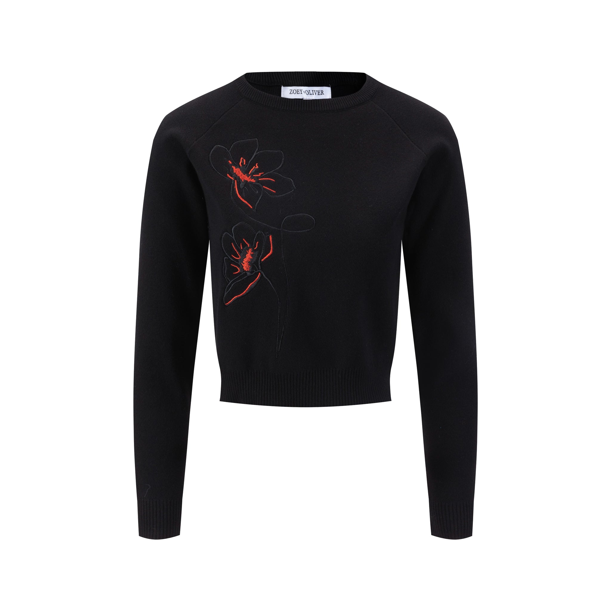 Black And Orange Flowers Embroidered Sweater - Black
