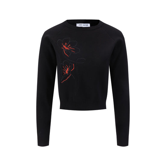 Black And Orange Flowers Embroidered Sweater - Black