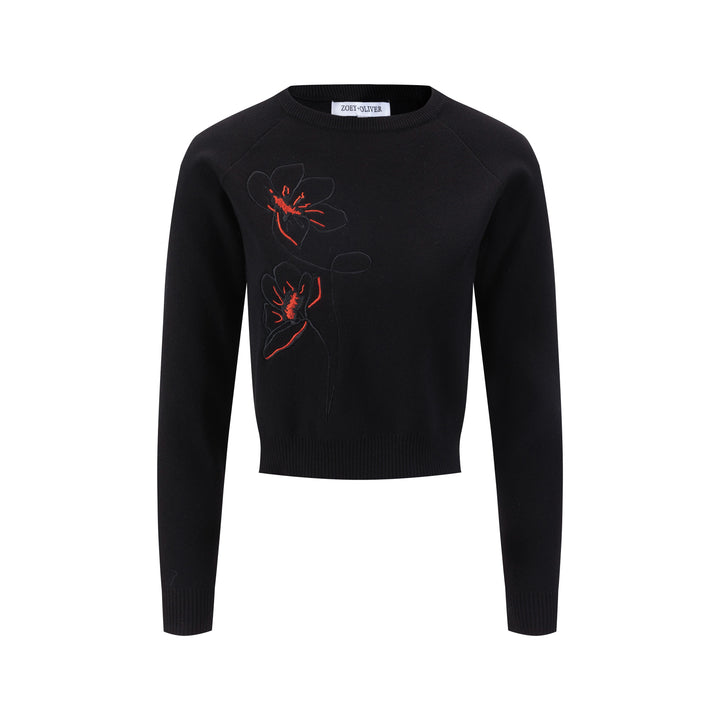 Black And Orange Flowers Embroidered Sweater - Black