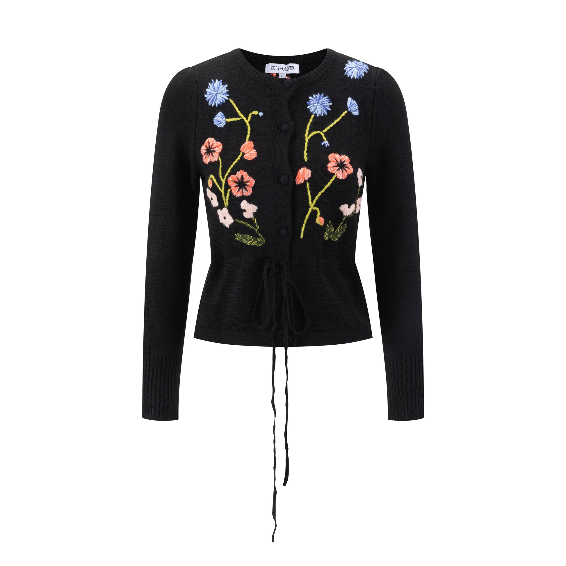 Knit Sweater With Floral Embroidery - Black
